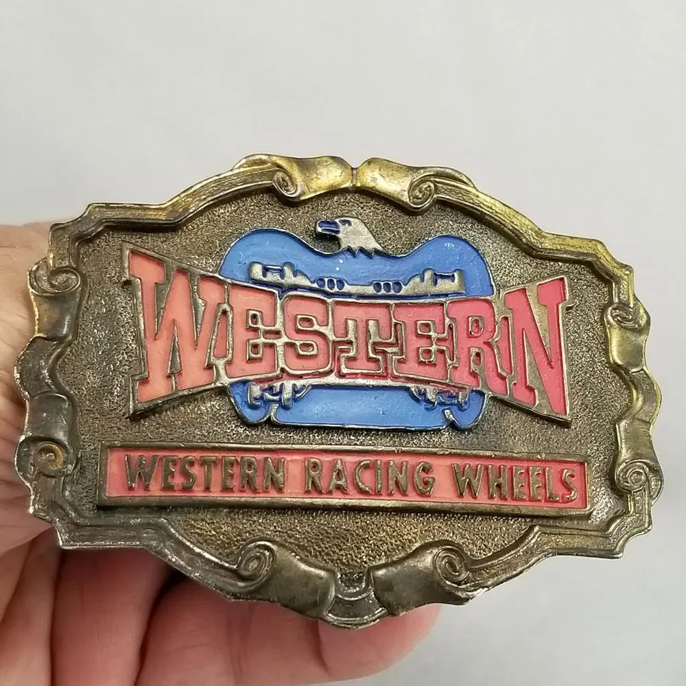 Vintage Belt Buckle Brass Western Racing Wheels‎ Western Patriotic
